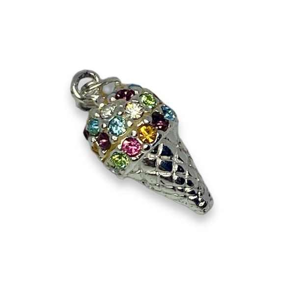 Sterling Silver Ice Cream Cone Charm w. Multi-colored Rhinestone Sprinkles - Picture 4 of 4